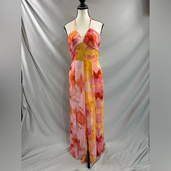 Chiffon Tie Dye Split Thigh Wide Leg Jumpsuit - Picture 7 of 9